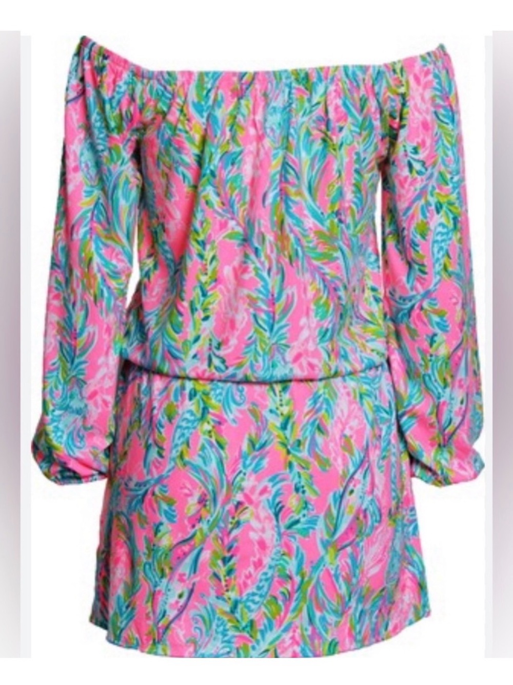 Lilly Pulitzer Bishop Sleeve Off Shoulder Romper in Pink, Teal & Green, Size XL